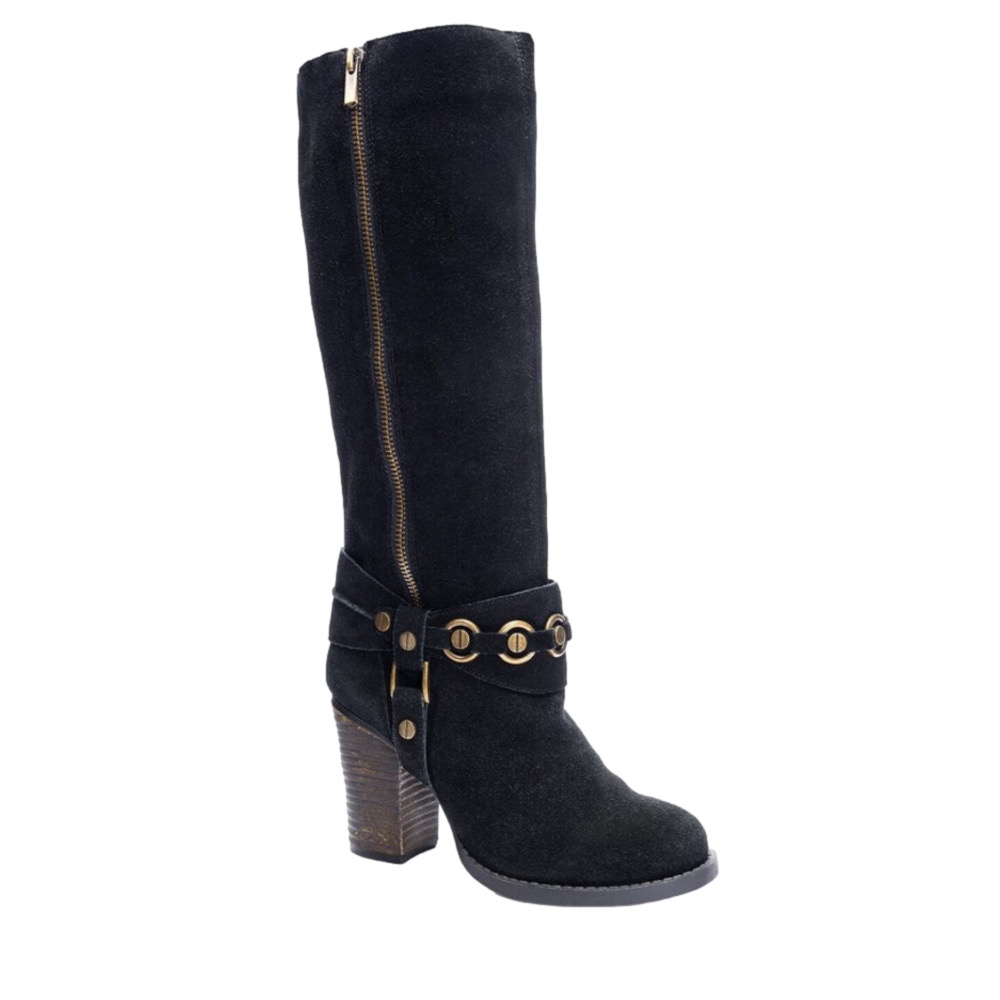 Chinese Laundry Backstreet tall black suede metal detailing block heel size 8
